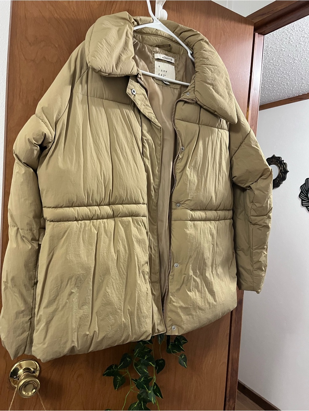 a new day Tan Puffer Coat with High Collar